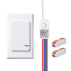 KCMYTONER 1PK Mini Wireless Light Switch with Wall Panel and 1 PK 110V Receiver with Wire Connector Outdoor 1300 ft Indoors 160ft for Led Light, Ceiling Lights and Lamps, IP66 Waterproof