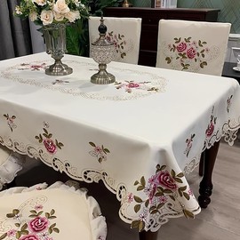 MUST-HAVE European Style Floral Embroidered Polyester Blend Tablecloth - Rectangular Machine Knit Fabric Table Cover for Dining and Coffee Table, Dust and Heat Resistant for Daily Use, Wedding, and Festive Occasions - Color: default, Size: 53.54*77.95inc