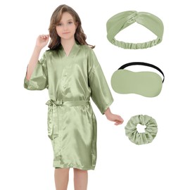 EPLAZA Kids Girls Satin Robe with Hair Band Eye Mask for Birthday Spa Bridal Party Flower Girls Wedding Robes Kimono (Sage green, 8)