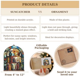 Floral Bookshelf Bookish Acrylic Suncatcher Stained Glass Effect Window Car Hanging Christmas Ornament Indoor Outdoor Decor Garden Bookworm Sun Catcher Book Lover for Women Mom Grandma