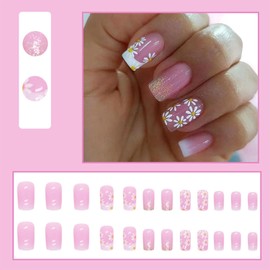 Square Press on Nails Medium Pink Gradient Fake Nails Spring False Nails with Daisy Flower Designs: Glossy Acrylic Artificial Nails Reusable Press on Nails - 24Pcs