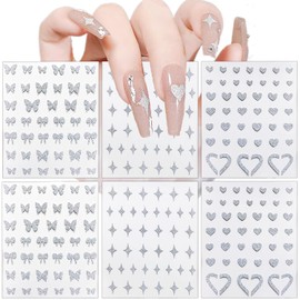 CHANGAR 6 Sheets Silver Glitter Heart Nail Stickers Starlight Bow Nail Decals Bling-Bling Heart Bowknot Nail Design Nail Supplies for Women Girls Manicure Nail Decoration Accessories