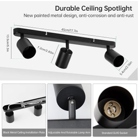 SGGSHENNAN Adjustable Spotlight Ceiling Light Fixture 3 Light Gu10 Track Light Indoor Directional Light Ceiling Spot Light for Kitchen, Bedroom, Picture Wall, Hallway, Office, Bar (Black-3 Light)