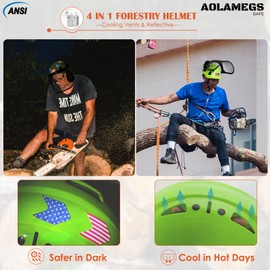 Chainsaw Helmet with Face Shield and Ear Muffs and Visor-Vented Arborist Helmet with Hearing Protection & Mesh Full Face Mask,Green Carbon Fiber OSHA Approved Forestry Hard Hat with Safety Googles