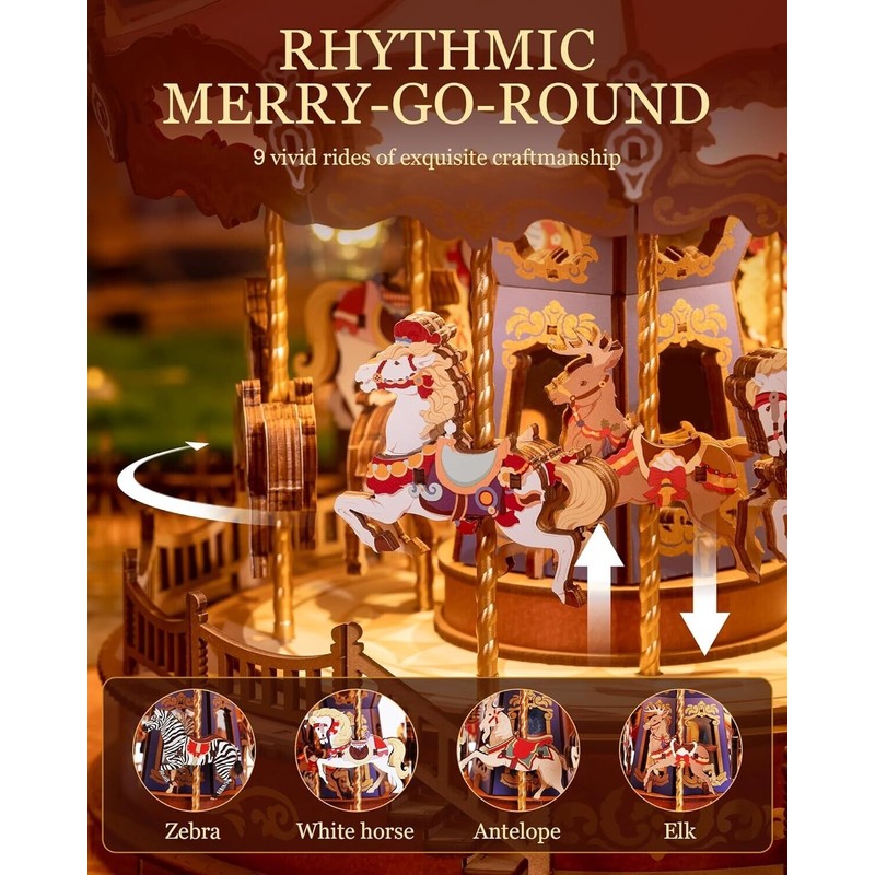 Rolife Wooden 3D Puzzles DIY Carousel Music Box with Lights