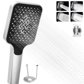 Shower Head with Hose, Water-Saving Shower Head with 4 Jet Types, Shower Head, 105 mm Large Shower Head, Hand Shower Shower, Shower Head with Hose and Holder (Silver)