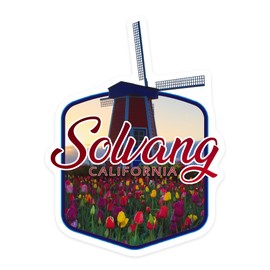 Die Cut Sticker Solvang, California, Tulip Field and Windmill, Vinyl Sticker 3 to 6 inches, (Waterproof Decal for Cars, Water Bottles, Laptops, Coolers), Large