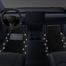 NBTEPEM Bling Car Floor Mats Full Set and Steering Wheel Cover, Universal Fit Most Cars, 4 pcs Sparkle Glitter Diamond Carpet, 5 pcs Bling Car Accessories Set for Women (Black Diamond)
