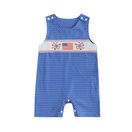 DSOKUHIB Baby Boy 4th of July Outfit Stars Stripes Firework Embroidery Romper Sleeveless Jumpsuit Overalls Patriotic Clothes (Blue, 0-3 Months)