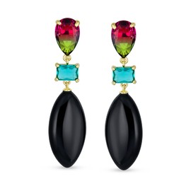 Unique Geometric Linear Black Pink Green Turquoise Rhombus Teardrop Rectangle Multi Shape CZ & Natural 3 Multi-tier Gemstone Party Dangling Statement Earrings in 14K Yellow Gold Plated, Gemstone Cubic