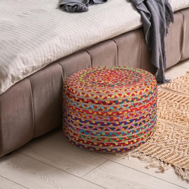 RIANGI Pouf Ottoman - Briaded Poofy Ottoman Pouffe - Boho Pouf Ottoman Foot Rest - Poofs/Ottomans Furniture Decor - Foot Rest Pouf for Bedroom - Poufs for Living Room - (18"x18"x12")