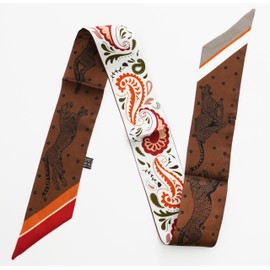 JERLA 100% Mulberry silk Scarf Head Hair Ribbon Handbag Handle wrap Tie Bundle Neckerchief Scarf for women (Leopard paisley brown and white)
