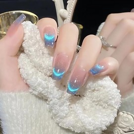 french tip press on nails short, 24 pcs glossy cat eye nails press ons, coffin press on nails for women, reusable fake nails with designs, acrylic false nails(Blue smiling cat eye)