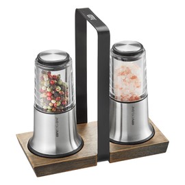 GEFU X‑PLOSION Salt & Pepper Mill Set S | CYCLONE Ceramic Grinder Infinitely Adjustable | Acacia Wood Cruet with Carry Handle