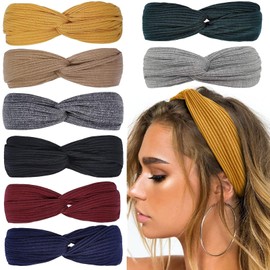 Huachi Headbands for Women Twist Knotted Boho Stretchy Hair Bands for Girls Criss Cross Turban Plain Headwrap Yoga Workout Vintage Hair Accessories, Solid Color, 8Pcs
