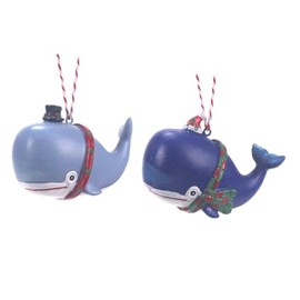 The Bridge Collection Festive Whale Ornaments - Set of 2 - Holiday Blue Whales in Hats Ornaments - Ocean-Themed Ornaments for Coastal Christmas Tree