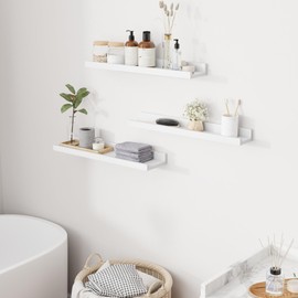 RICHFOCUS Picture Ledge Shelf, 24 inch Solid Wood Floating Shelves with Lip for Wall Storage, Nursery Book Shelves for Living Room Bathroom Bedroom Kitchen, Set of 3, Washed White