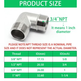 SWZHAI 2PCS 90 Degree Elbow 3/4" NPT Male x 3/4" NPT Male Street Elbow 304 Stainless Steel Pipe Fittings Male Threaded Coupler