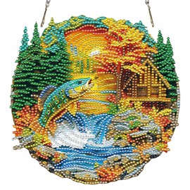 Auremi Landscape Hanging Diamond Painting Kits for Adults,5D River Fish Diamond Painting Hanging Sign Kits Crystal Art Window Ornaments Easy Diy Crystal Suncatchers Pendant Gem Art for Garden Decor