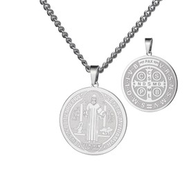 kkjoy Archangel Saint Michael Protect Us Necklace Stainless Steel Saint Benedict of Nursia Saint Cyprian Religious Pendant Necklace Protection Amulet Jewellery Catholic Gift for Men Women, Stainless