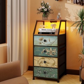 Tohomeor Nightstand with Fabric Drawers Charging Station and LED 2 Tier Shelf Storage Tower for Bedroom Hallway Entryway Closet Organizer Sofa Beside Table Furniture (Multi, 4 Drawers)