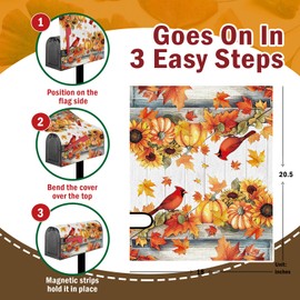 Fall Pumpkin Cardinal Mailbox Cover Magnetic Standard Size 20.5" x 18" Autumn Thanksgiving Sunflower Maple Leaves Decorative Post Letter Box Wrap Decor Farmhouse Garden Yard Outdoor Decoration