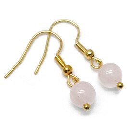 Tiny Rose Quartz Bead Earrings, 6mm Round Beads on Nickel Free Gold Tone Hooks : 29mm long, Handmade Natural Stone Beaded Drop Earrings for Women