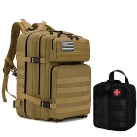 JMarks: 45L Military Tactical Backpack for Men and Women Army 3 Day Assault Pack Bag Large Rucksack with Molle System Features Full 25 Piece Emergency First Aid Kit(Tan/Khaki)