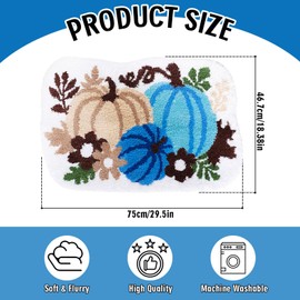 Whaline Fall Pumpkin Bath Rug Blue Pumpkin Tufted Bath Mat Non Slip Bathroom Shower Rugs Front Door Mat Carpet Floor Rug for Autumn Thanksgiving Kitchen Bedroom Porch Entryway