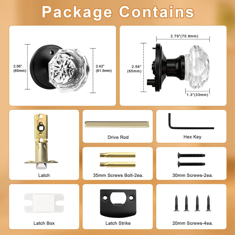 Gobrico 2 Pack Crystal Door Knobs Diamond Glass Bed/Bath Privacy