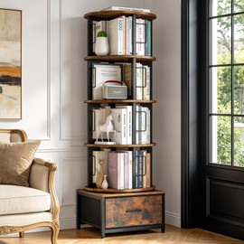 Housolution 5 Tier Rotating Bookshelf Tower with Storage, Rustic Brown