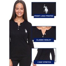 U.S. Polo Assn. Womens Thermal Pajamas, Black Thermals Top and Bottom Set, Black Long Johns Women (Black Set, Large)