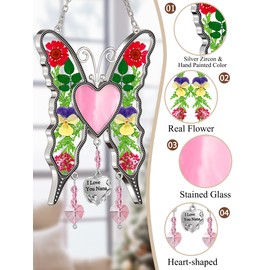 KY&BOSAM Butterfly Suncatchers I Love You Nana Stained Glass Panels Pink Heart for Windows Wind Chime with Pressed Flower Wings Embedded in Glass Nana Gifts for Nana Mother`s Day Christmas
