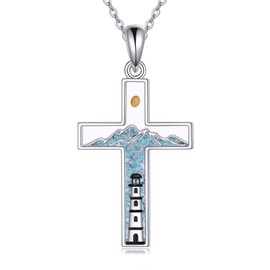 MONGAS Cross Necklace 925 Sterling Silver Created Turquoise Mustard Seed Pendant Mountain Lighthouse Necklace Mustard Seed Jewelry Gifts for Women