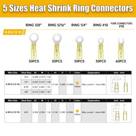 DTLDZSC 180PCS Marine Grade Heat Shrink Wire Connectors-Electrical Connectors Kit of Tinned Red Copper,Crimp Insulated Ring Fork Spade Butt Splice AWG12-10 Gauge (180pcs Yellow, AWG 12-10)