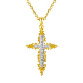Baroque Cross Necklace For Women with Simulated Diamond 14K Yellow Gold Plated Sterling Silver Cubic Zirconia Baroque Pattern Cross Pendant Necklace Jewelry Gift for Women