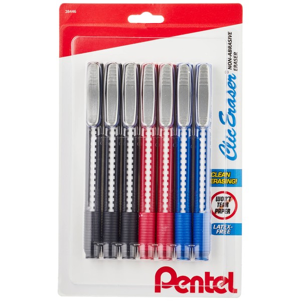Pentel Clic Eraser Grip Retractable Eraser with Grip Office Barrel Colors (Black, Red, Blue) 7 Pack