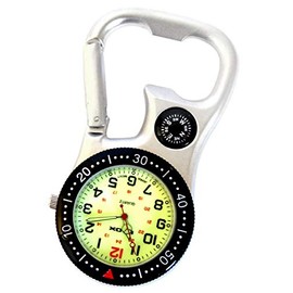Klox White Silver Clip on Carabiner FOB Watch with Green Luminous Face and Compass and Bottle Opener for Doctors Nurses Paramedics Chefs