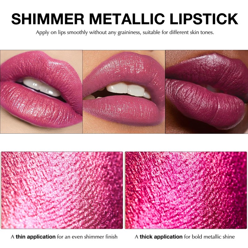 Rose Red Metallic Glitter Lipstick, Lightweight Shimmer Lipstick Non-Stick Full