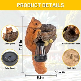 YEPOTUE Garden Decor Squirrel Tree Hugger, Outdoor Statue with Solar Powered Lantern for Outside Porch Patio Wall Tree Fence, Housewarming Gifts for Women Mom Garden Lovers