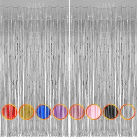 sukevitor 2 Pcs Silver Tinsel Curtains Silver Foil Fringe Tinsel Curtain Backdrop for Birthday Party Decorations Wedding Graduation Engagement Party Decorations
