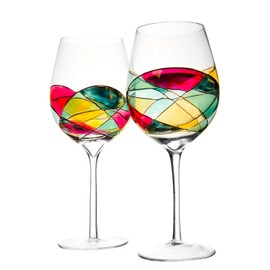 The Wine Savant Large Hand Painted Wine Glasses, Unique Hand Painted Glasses, Handblown & Handmade - Set of 2 - Great Idea for Her, Him, Birthday, Mom, Housewarming - Extra Large Goblets 28 Ounces (2)