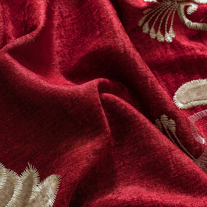 ELKCA Luxury Burgundy Red Chenille Floral Embroidered Curtains for Bedroom