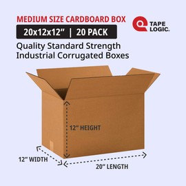 TAPE LOGIC 20 x 12 x 12 Corrugated Cardboard Boxes, Long 20"L x 12"W x 12"H, Pack of 20 | Shipping, Packaging, Moving, Storage Box for Home or Business, Strong Wholesale Bulk Boxes
