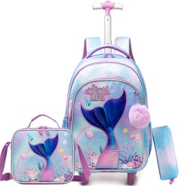 ZBAOGTW Mermaid Rolling Backpack for Kids 8-12 Girls Rolling Backpack Kids Trolley School Bag with Wheels Travel Backpacks Carry on Luggage for Girls with Lunch Box Pencil Case