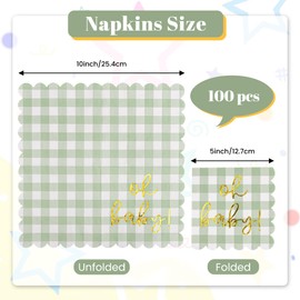 100 Pcs Sage Green Baby Shower Napkin Plaid Cocktail Napkins Folded 5 x 5 Inches Disposable Paper Gold Foil “Oh Baby" Printed Napkins for Birthday Party Celebrations