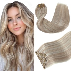 Youngsmile Clip in Hair Extensions Human Hair, Remy Human Hair Extensions Clip in Double Weft Color 18 Ash Blonde mixed 1000 White Blond, 18 Inch 120 Gram 7 Pcs(CLIP#18P1000-18Inch)