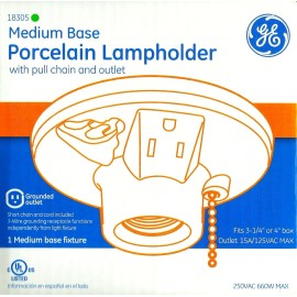 GE Porcelain LAMPHOLDER Medium Base LIGHT Bulb FIXTURE Pull chain & Outlet GE 18305