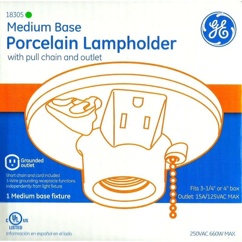 GE Porcelain LAMPHOLDER Medium Base LIGHT Bulb FIXTURE Pull chain