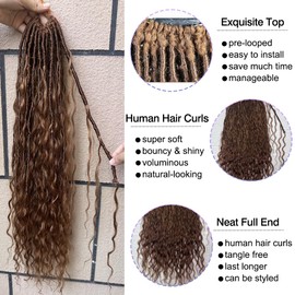 Crochet Boho Faux Locs With Human Hair Curls Color 30 Pre-looped Goddess Locs Crochet Hair Bohemian Soft Locs Braiding Hair Extensions With Curly Ends for Women 22inch (3Packs/72Locs)